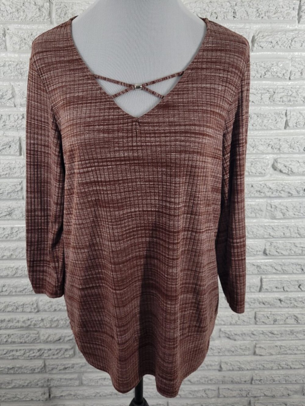 Apt 9 XL Knit Blouse Brown White Marled V-Neck Ruched Lattice Long Sleeve BRO43E